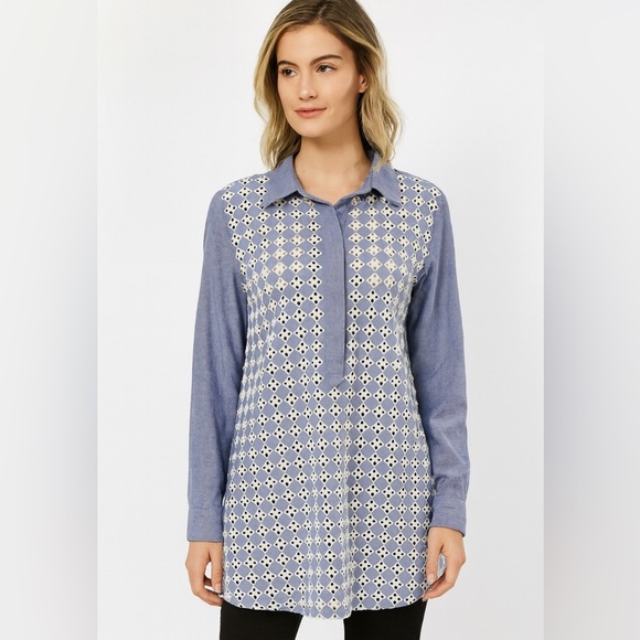 LOFT The Softened Shirt XL Blue Chambray Blouse Eyelet Lace Front Boho - Picture 1 of 9